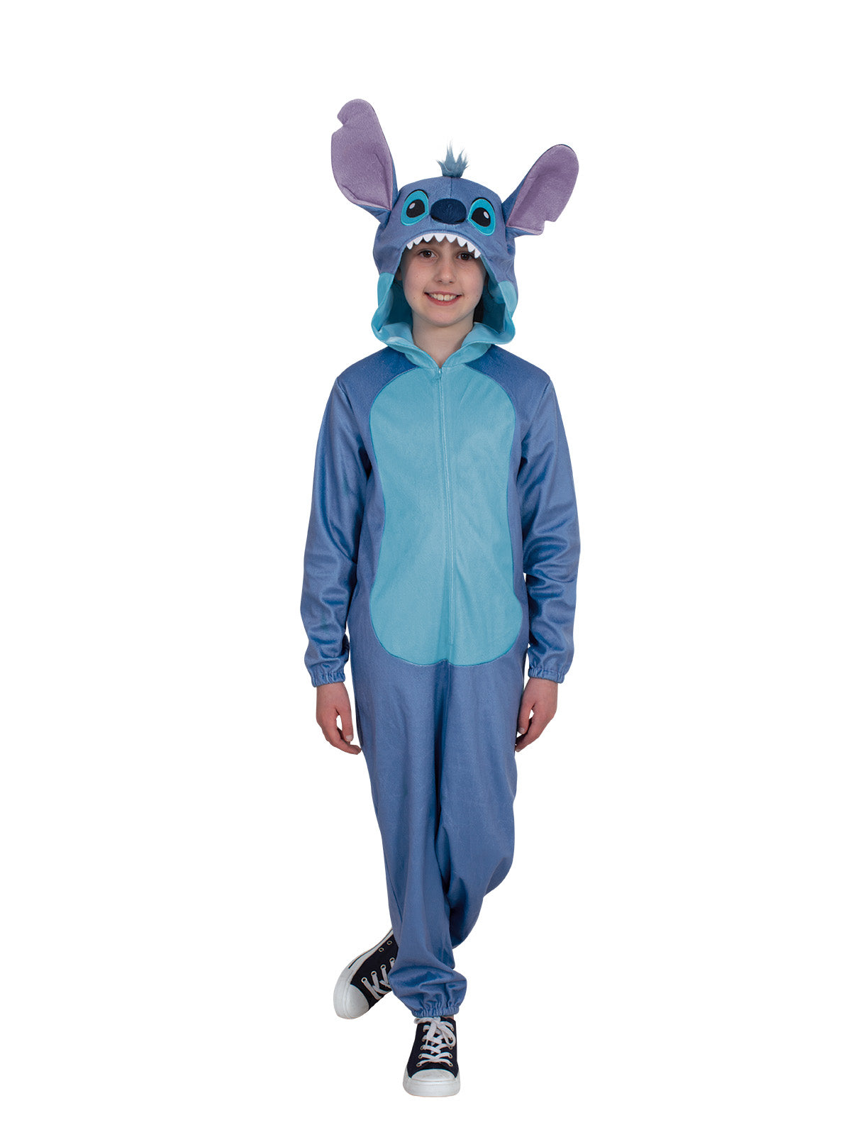 Child in the Stitch deluxe onesie standing with feet apart and the hood with tall ears up