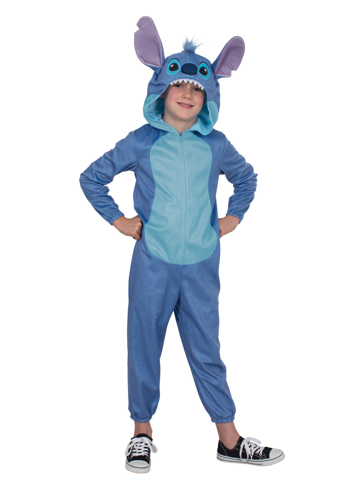 Child in the plush Stitch onesie with the hood up and arms down, showing the light blue tummy