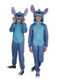 Two children in plush blue Stitch hooded onesies with 3D ears, standing side by side