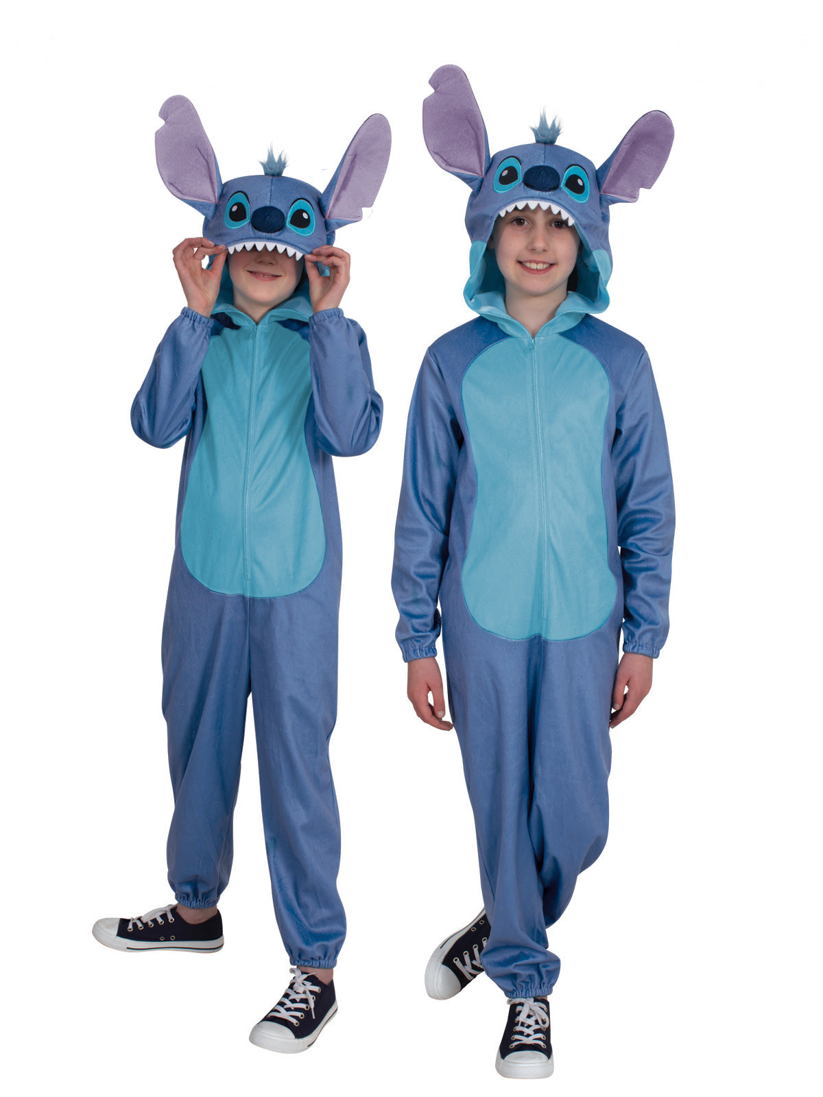 Two children in plush blue Stitch hooded onesies with 3D ears, standing side by side