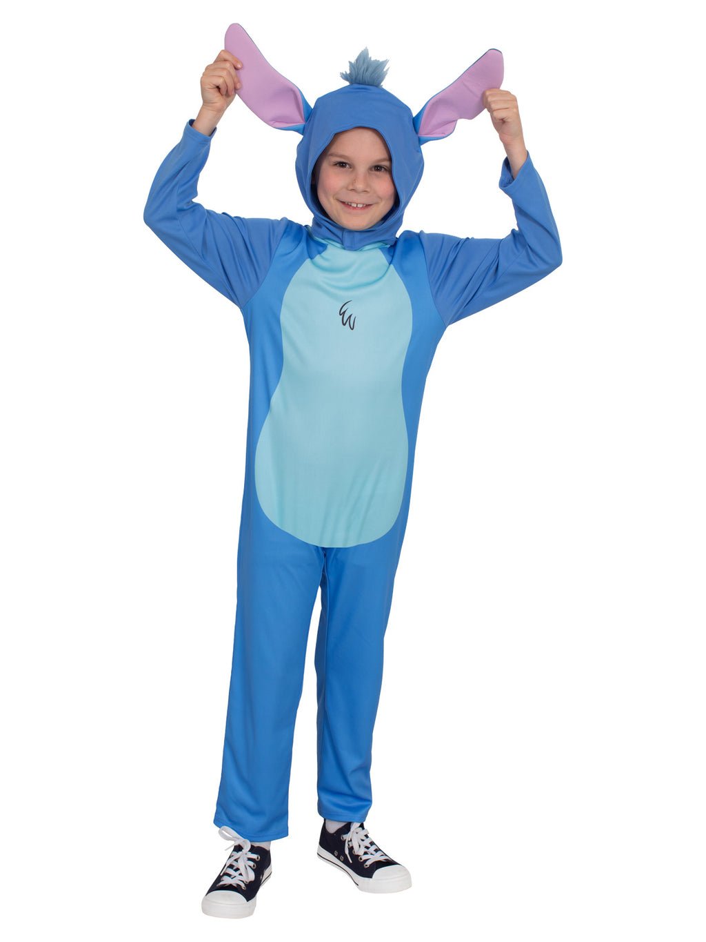 Child in the Stitch onesie with arms up holding the ears, showing the lighter blue belly