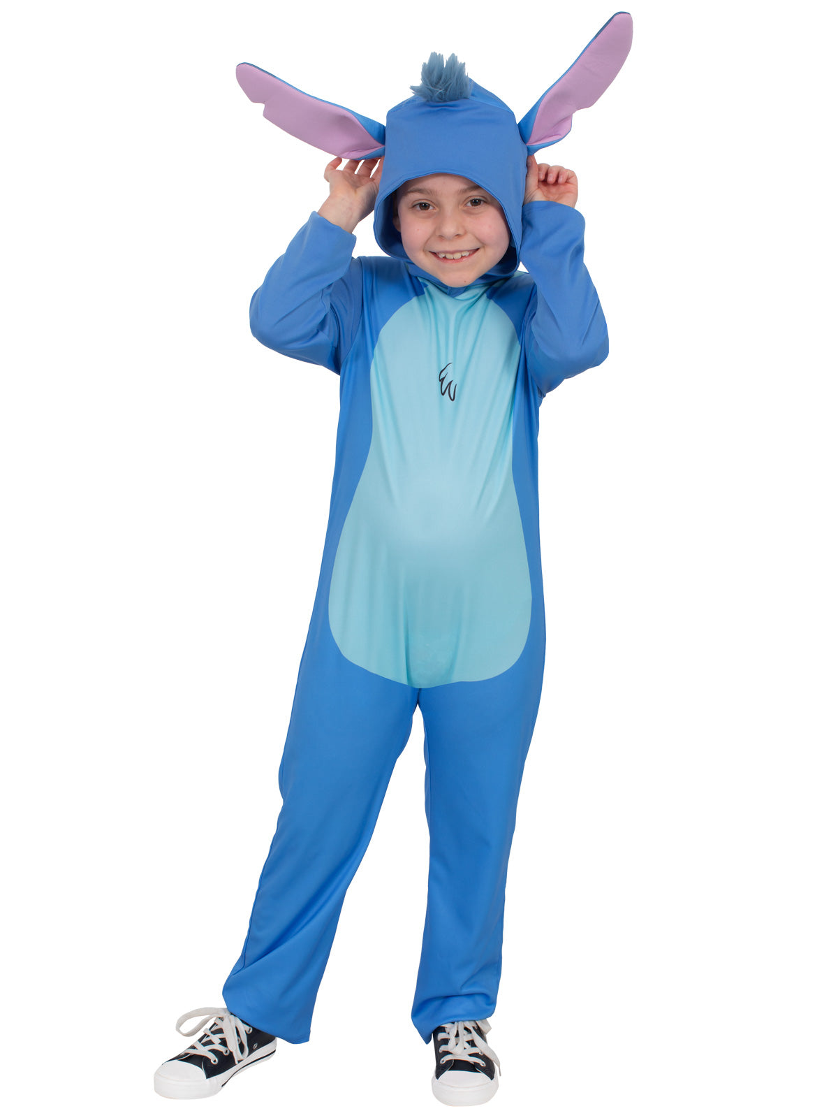 Child in the printed Stitch onesie and ear headpiece with hands raised