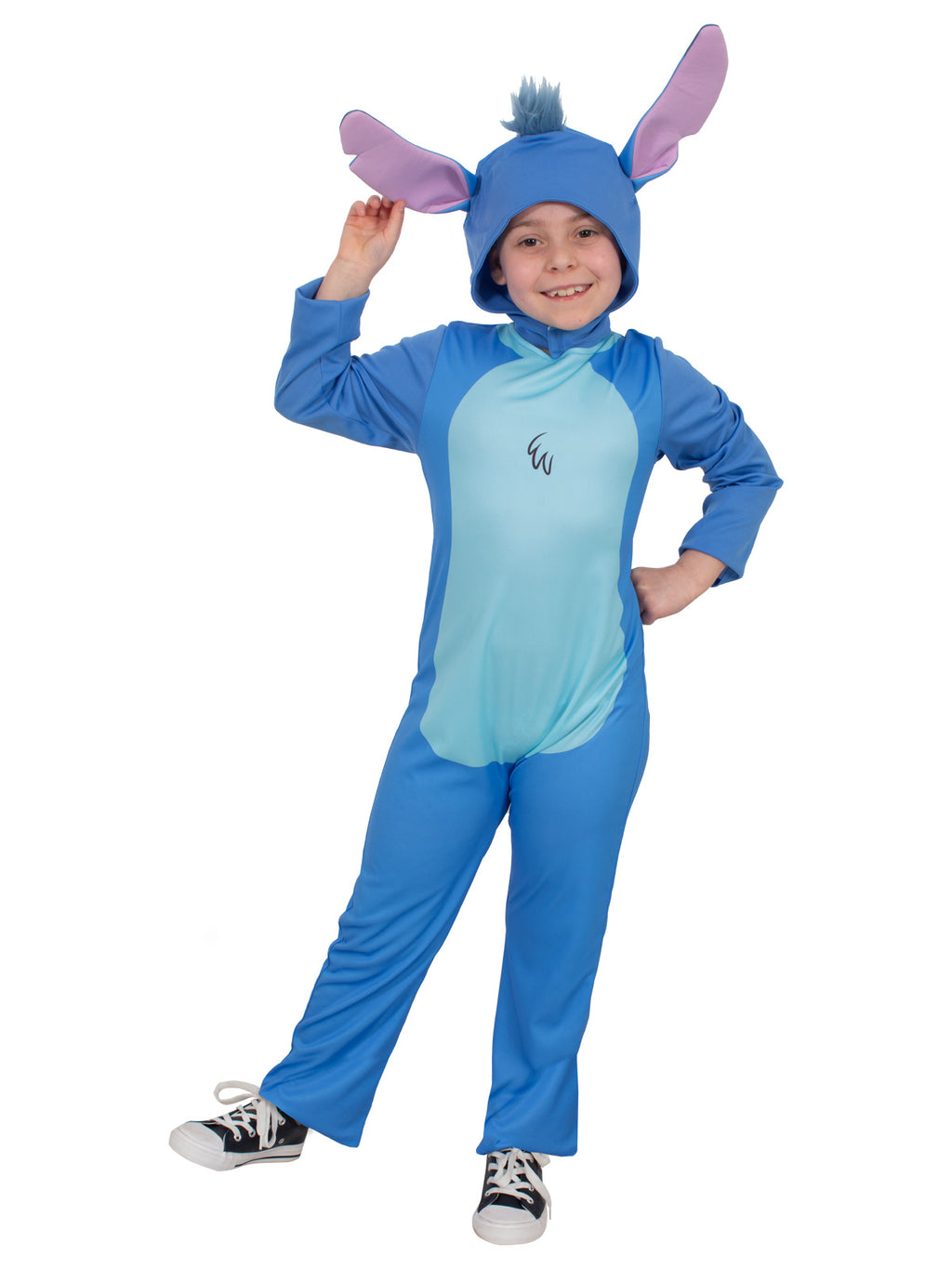 Child posing with a hand on the hip in the Stitch onesie and headpiece