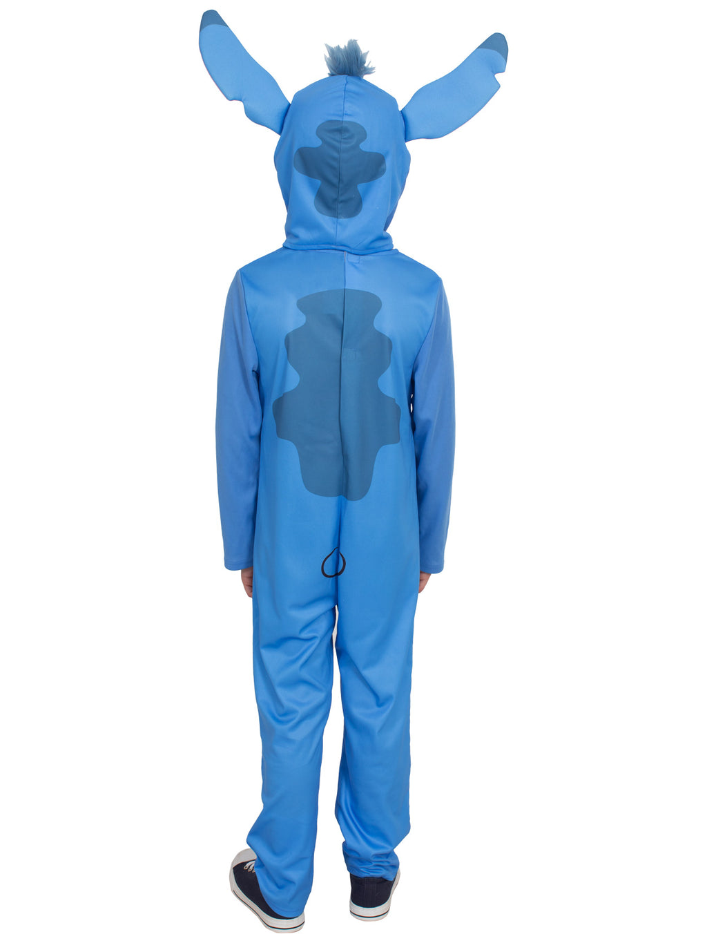 Back view of the Stitch onesie with headpiece ears and printed back markings