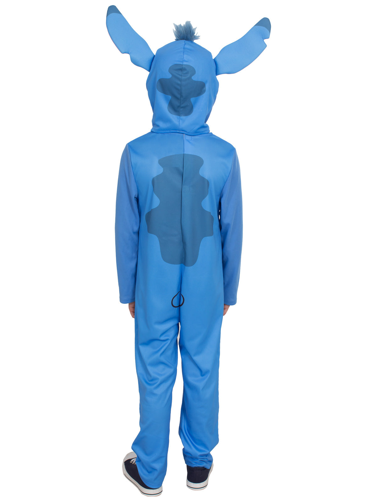 Back view of the Stitch onesie with headpiece ears and printed back markings