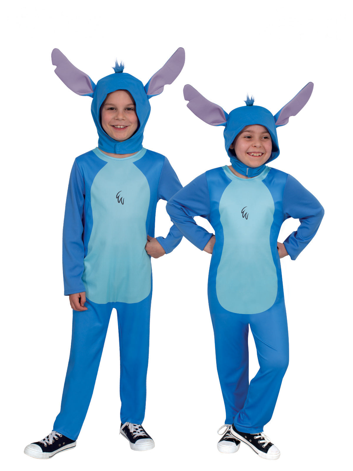 Two children in blue Stitch onesies with purple-lined ear headpieces standing together