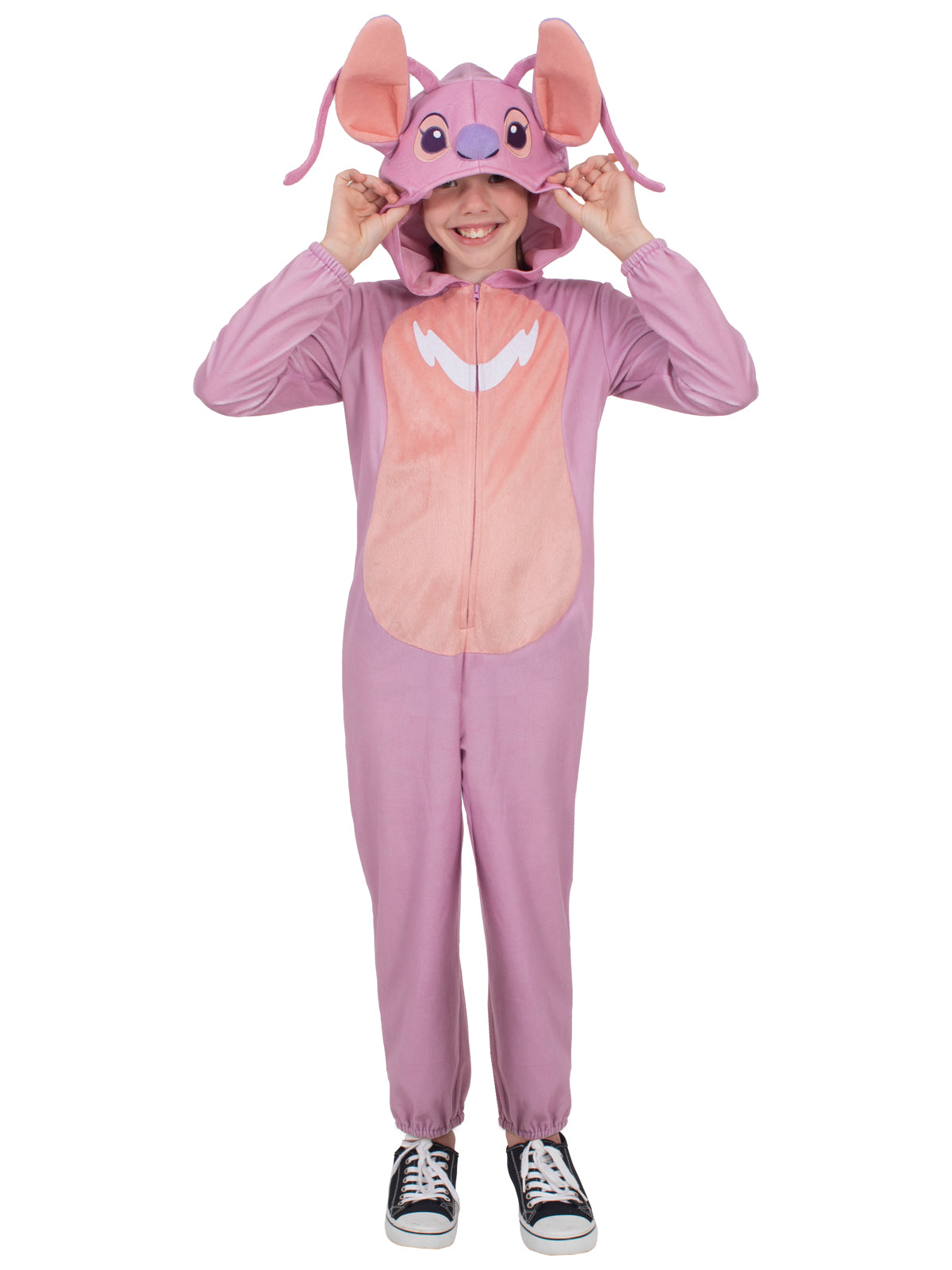 Child holding the Angel hood's 3D ears, wearing the full-length pink plush onesie