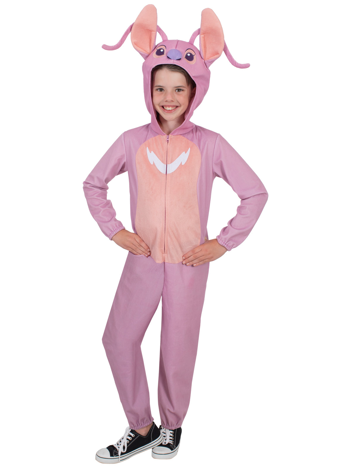 Child posing in the pink Angel plush onesie with peach tummy panel