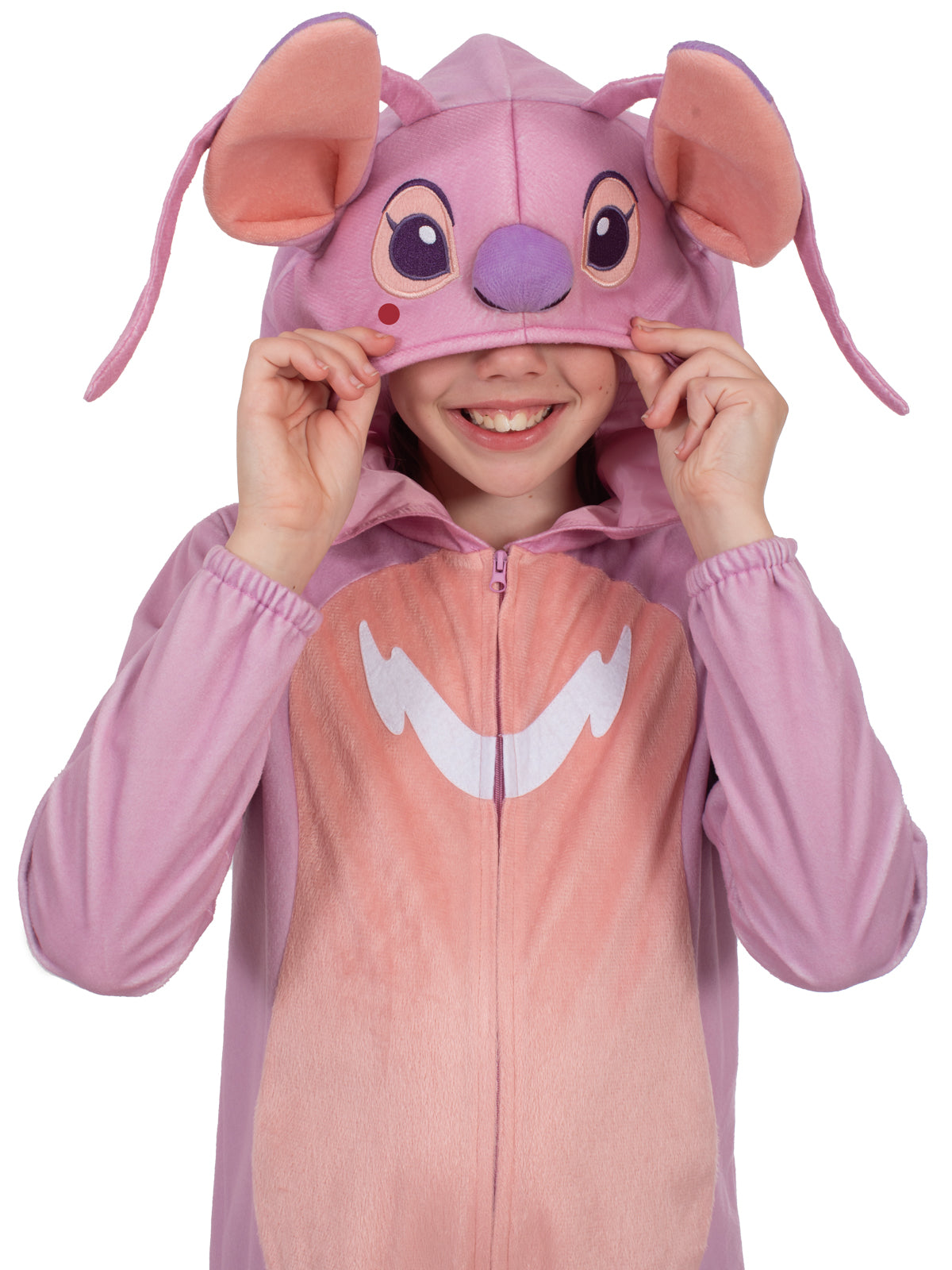 Close-up of the Angel onesie hood with 3D facial features, big ears and antennae