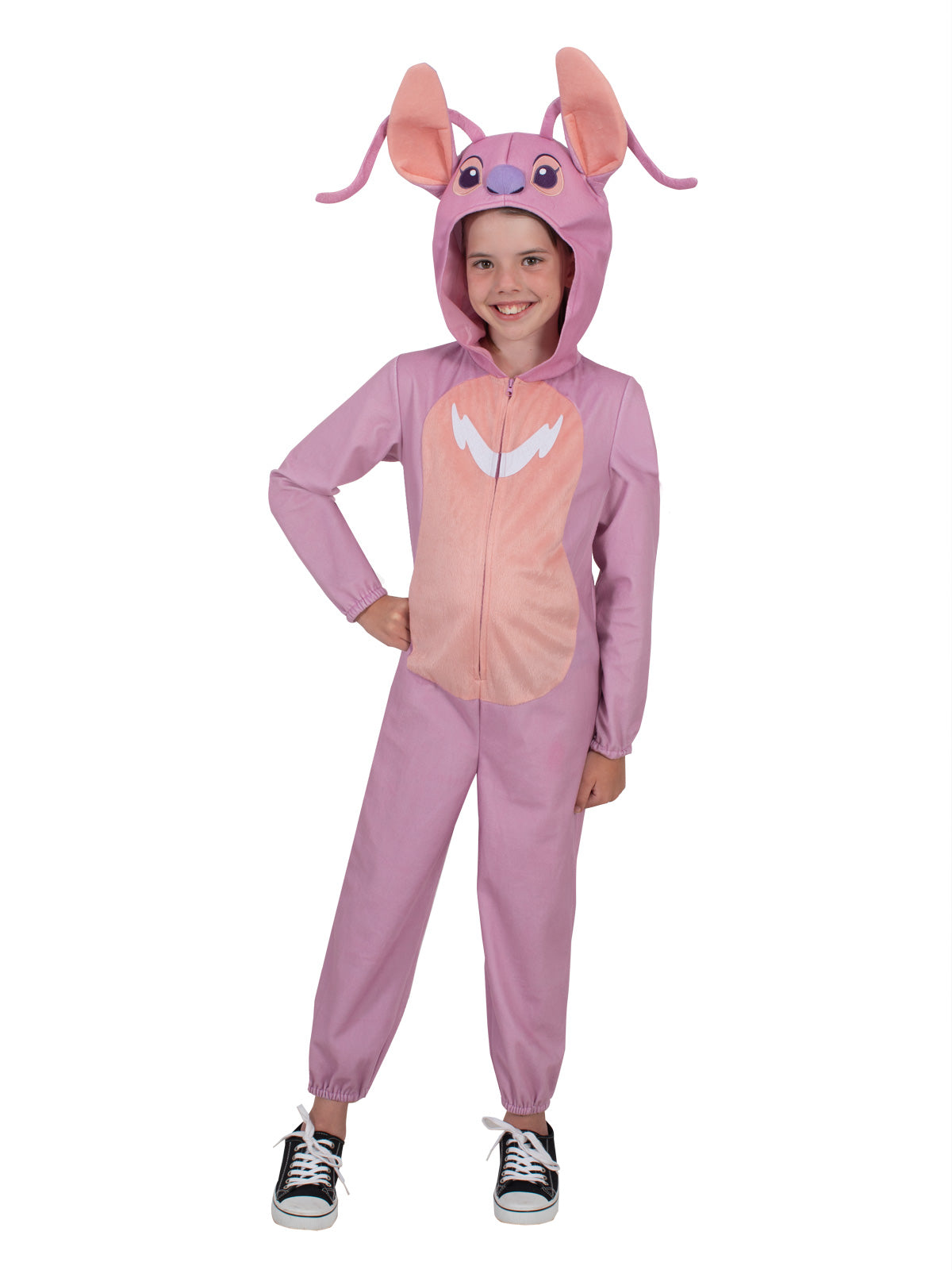 Child wearing the Lilo & Stitch Angel pink hooded onesie with front zipper