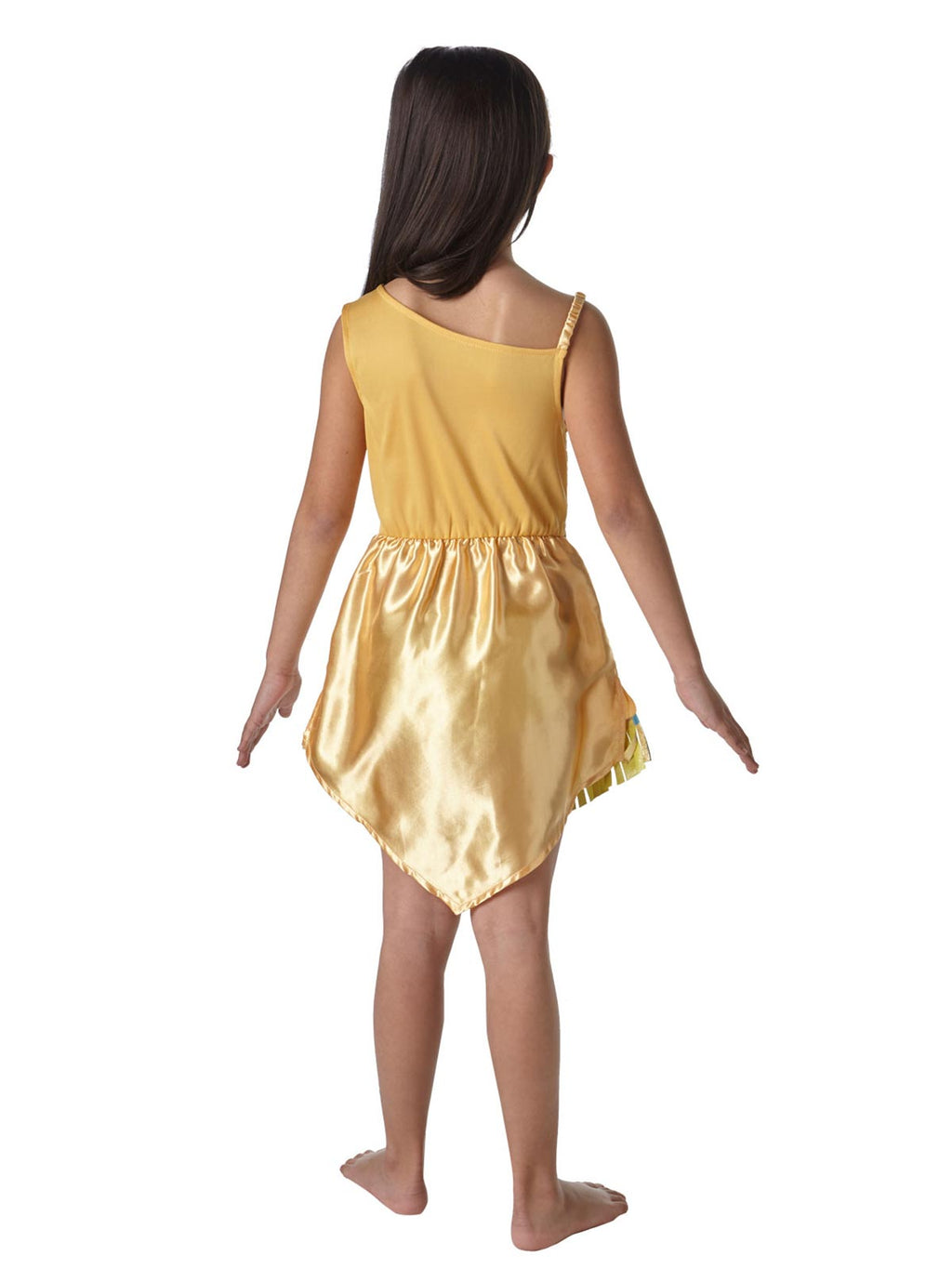 Back view of the Pocahontas gold satin dress with gathered skirt and fringe hem