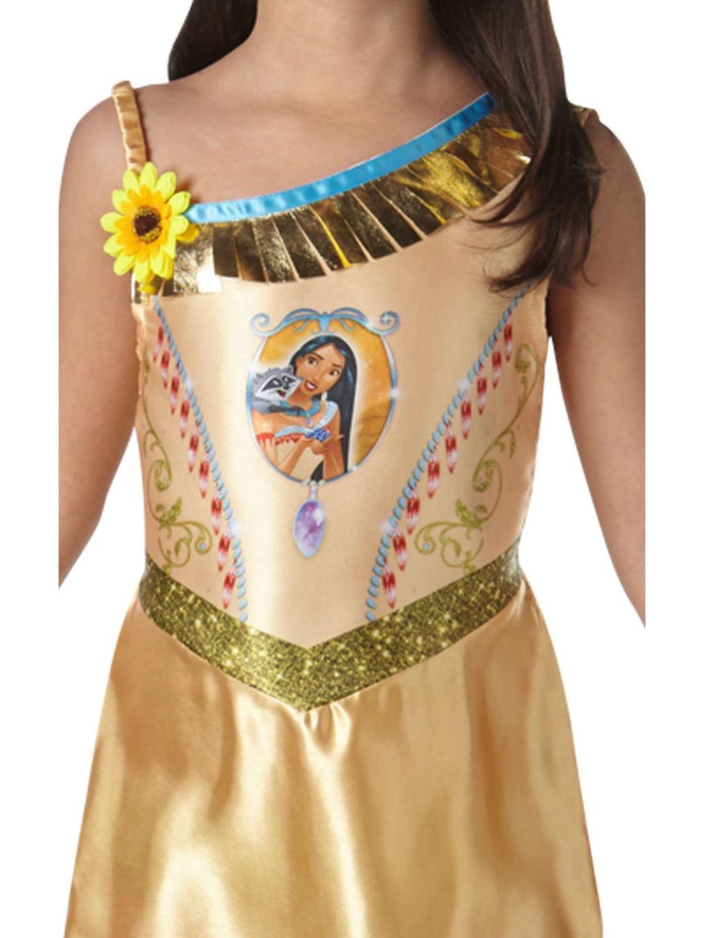 Close-up of the Pocahontas satin bodice with printed emblem and flower embellishment
