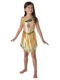 Girl in the Disney Pocahontas dress with gold satin bodice, fringe hem and flower at the shoulder