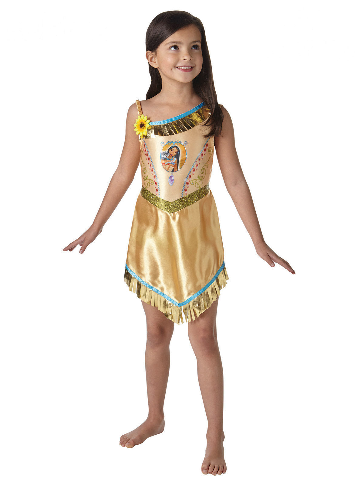Girl in the Disney Pocahontas dress with gold satin bodice, fringe hem and flower at the shoulder