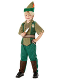 Boy in the Peter Pan Deluxe costume with green felt hat and feather, olive top and green pants