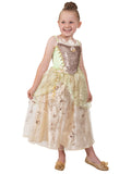 Girl wearing a Tiana dress with gold sequin velour bodice, organza petals and foil-dot organza skirt