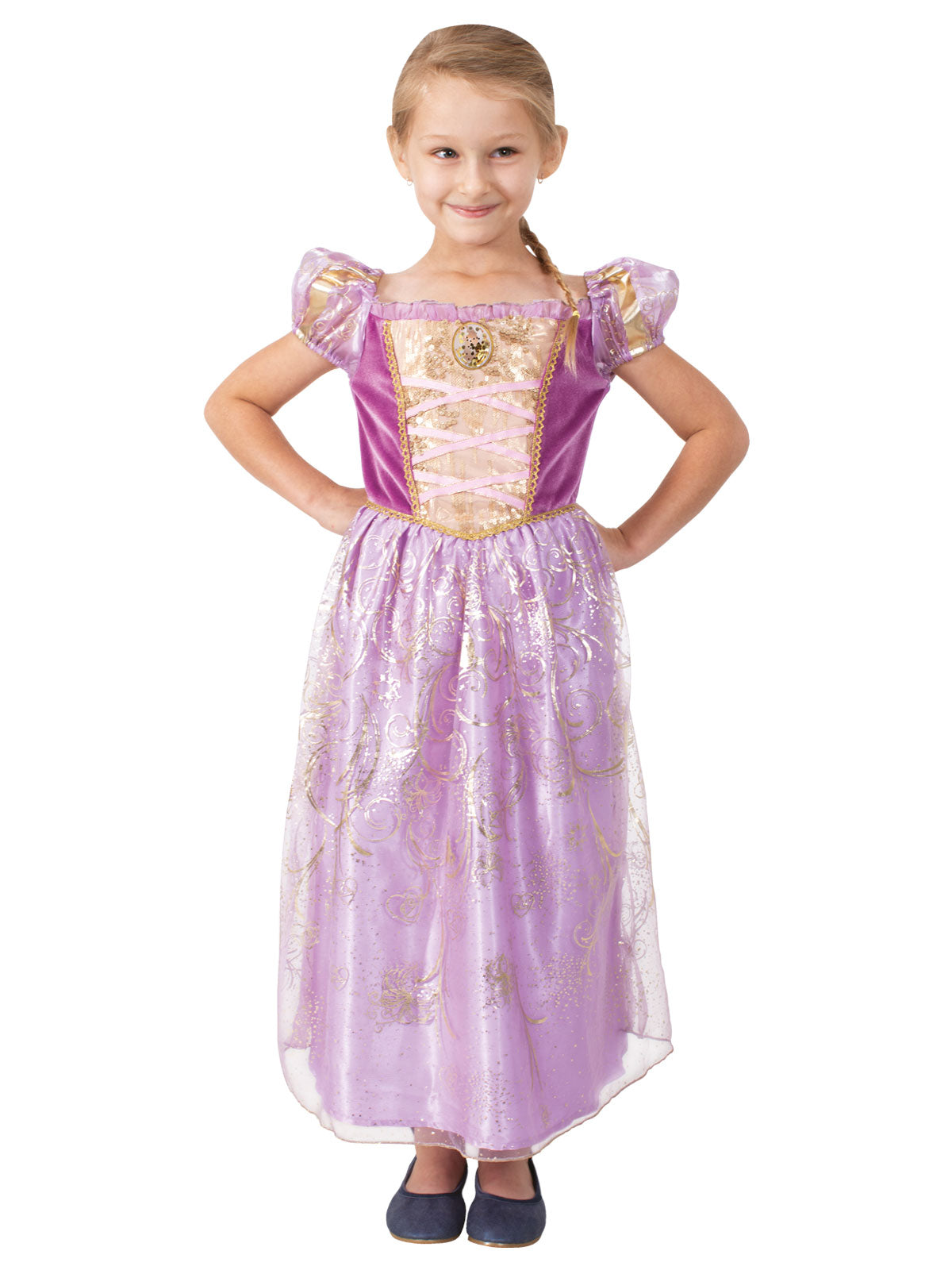 Girl wearing a Rapunzel dress with gold sequin velour bodice, puff sleeves and foil-dot organza skirt