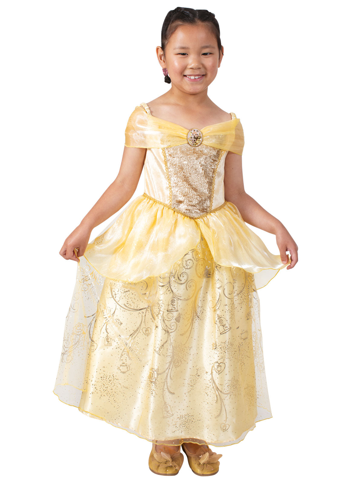 Girl in Belle Ultimate Princess dress with gold bodice, yellow organza skirt and flower embellishments