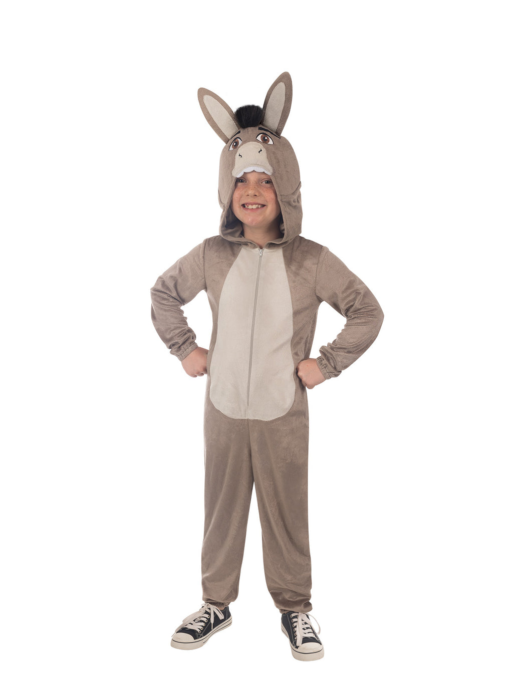 Child standing with hands on hips in the Shrek Donkey onesie with the hood and ears up