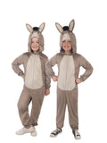 Two children in grey-brown Shrek Donkey onesies with hoods, 3D ears and faux fur manes
