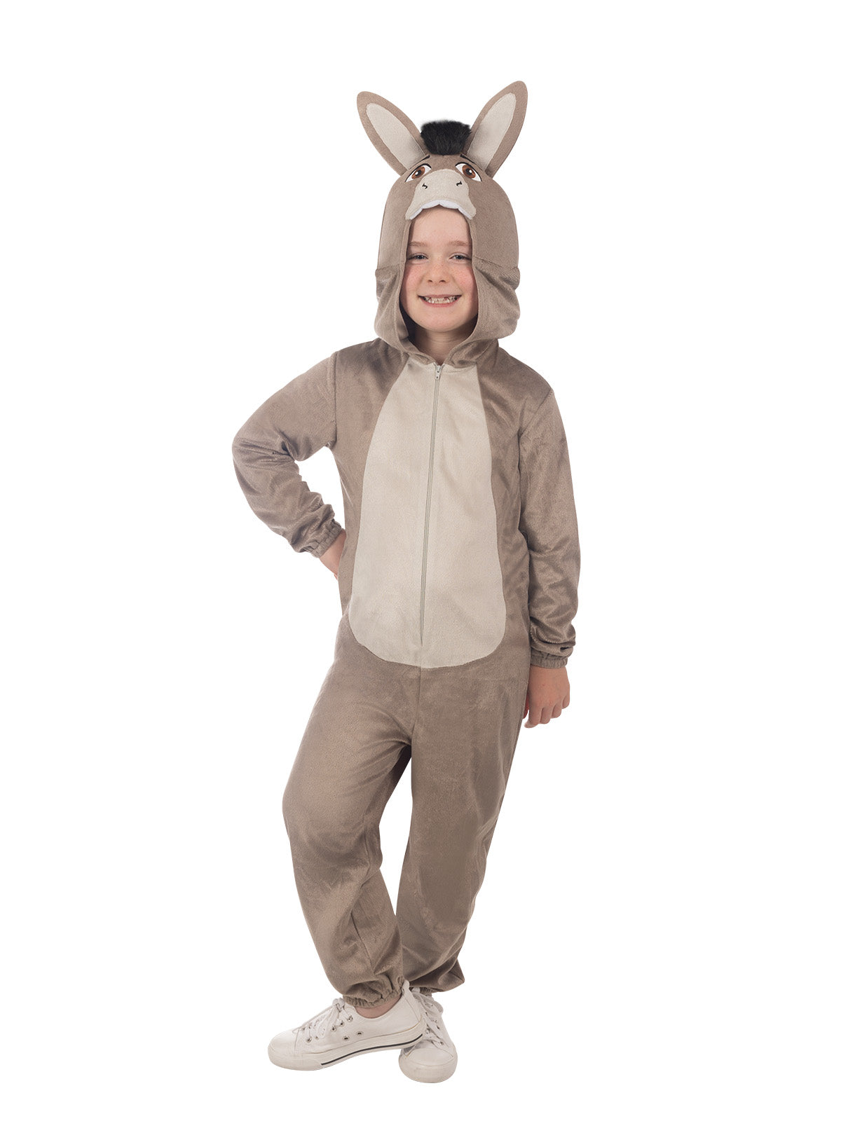 Child in the Shrek Donkey onesie with the hood up, showing the 3D ears and cream tummy