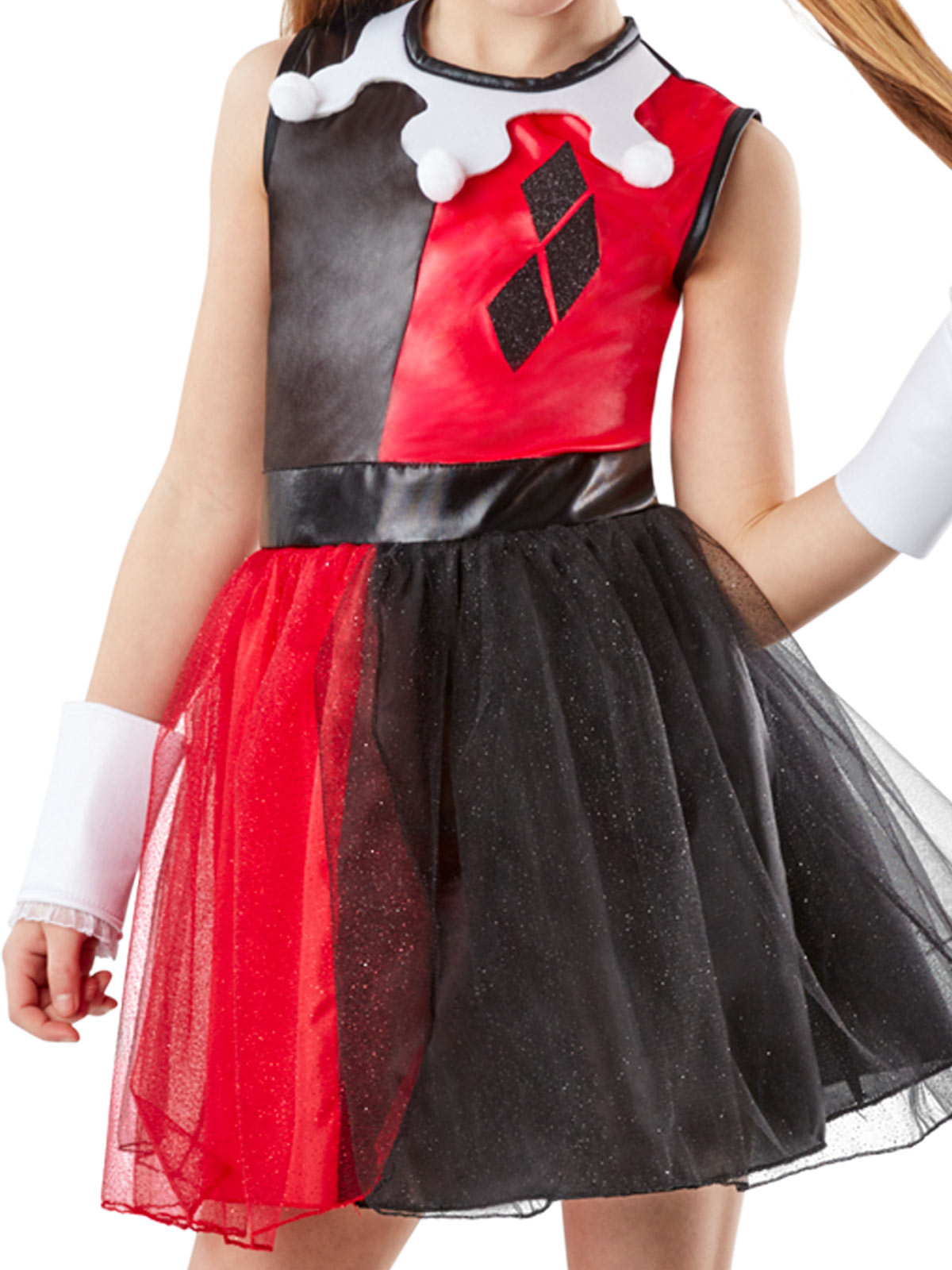 Close-up of the Harley Quinn red and black satin bodice and layered tulle skirt