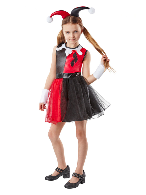 Girl in a Harley Quinn jester dress with red and black checker bodice, tulle tutu and jester horn headband