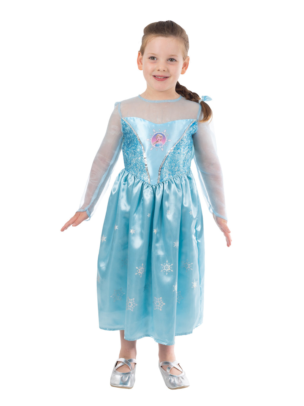 Girl in the Elsa Frozen 1 deluxe dress with silver snowflake print
