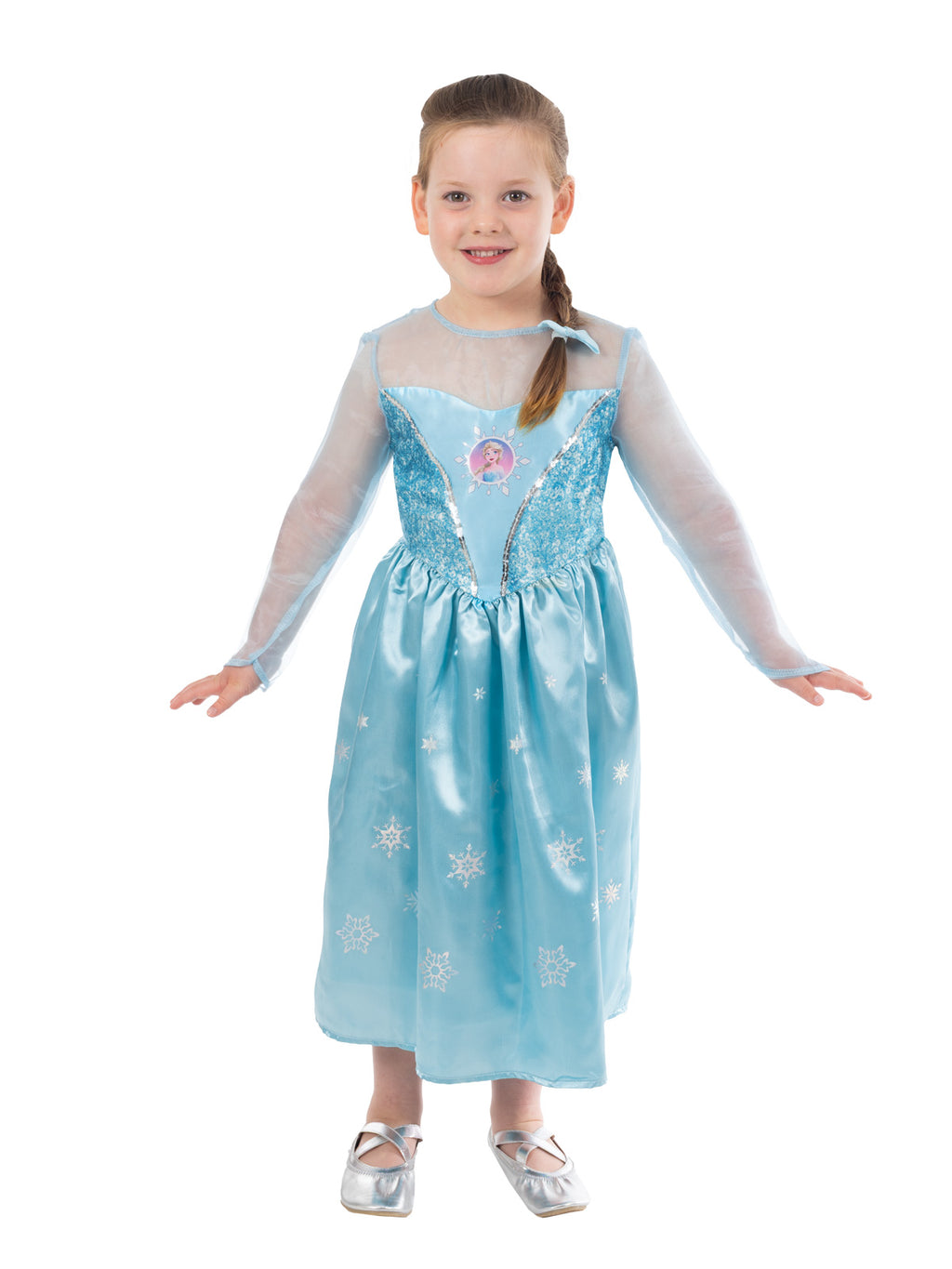 Girl wearing the Elsa deluxe dress with ornate bodice and sheer illusion neckline
