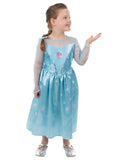 Girl in an Elsa Frozen deluxe blue dress with mesh trumpet sleeves and snowflake satin skirt