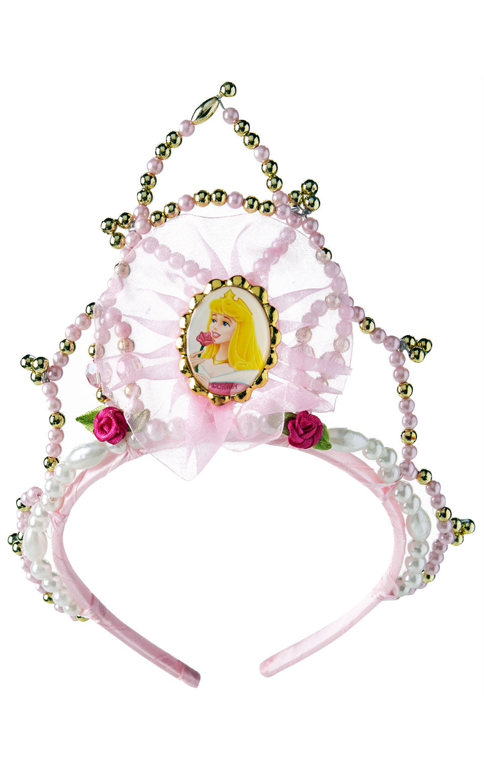 Pink and gold beaded Aurora tiara with a character pendant and roses