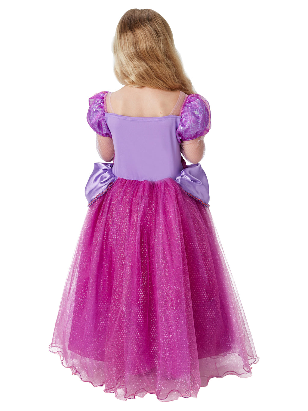 Back view of the Rapunzel Premium dress with purple bodice, puff sleeves and tulle skirt