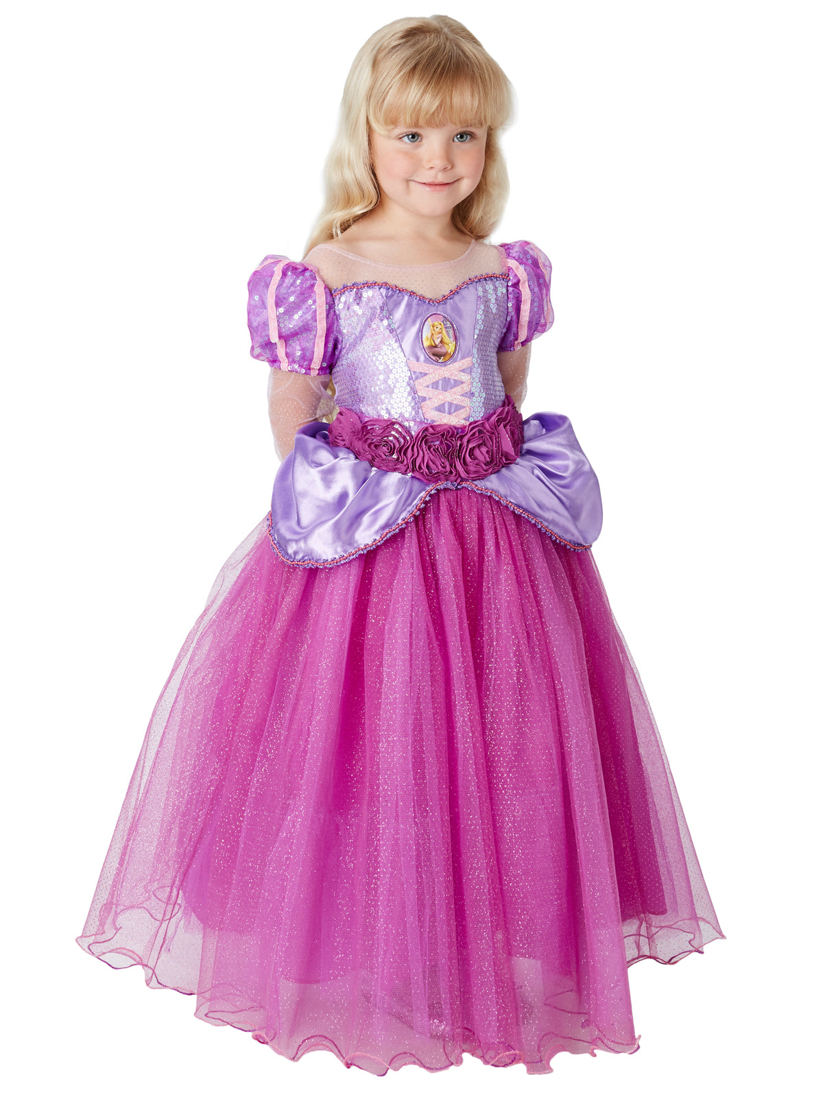 Girl in the Rapunzel Premium gown with embellished bodice and shimmery pink tulle overlay skirt