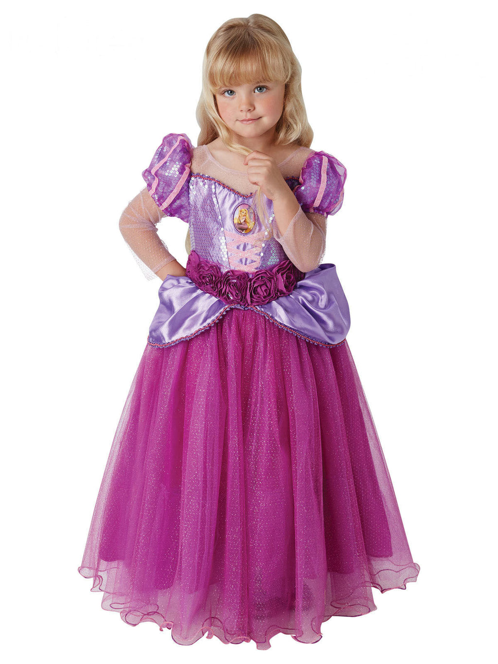 Girl in the Rapunzel Premium dress with purple sequin bodice, puff sleeves and layered pink and purple tulle skirt