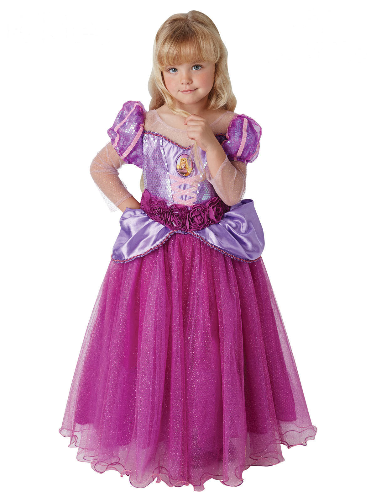 Girl in the Rapunzel Premium dress with purple sequin bodice, puff sleeves and layered pink and purple tulle skirt