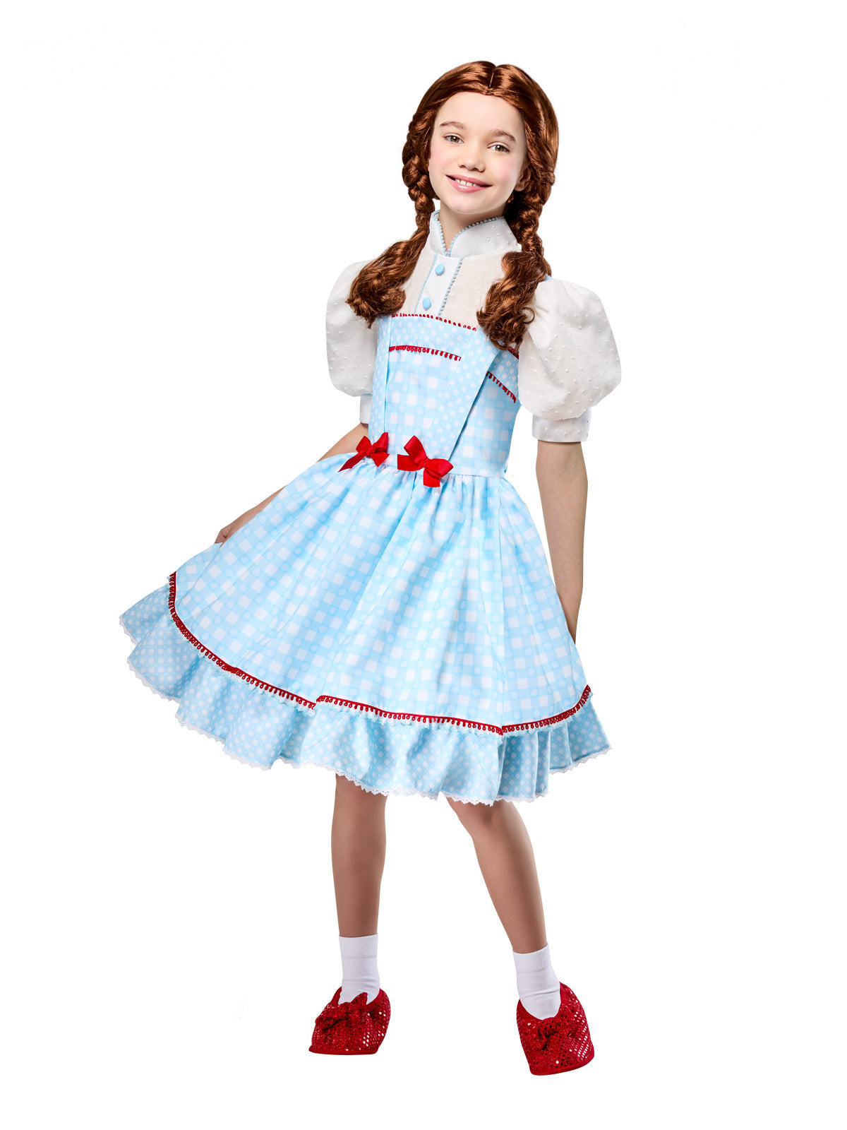 Girl in a Dorothy blue gingham dress with white puff sleeves, red ribbons and red shoe covers