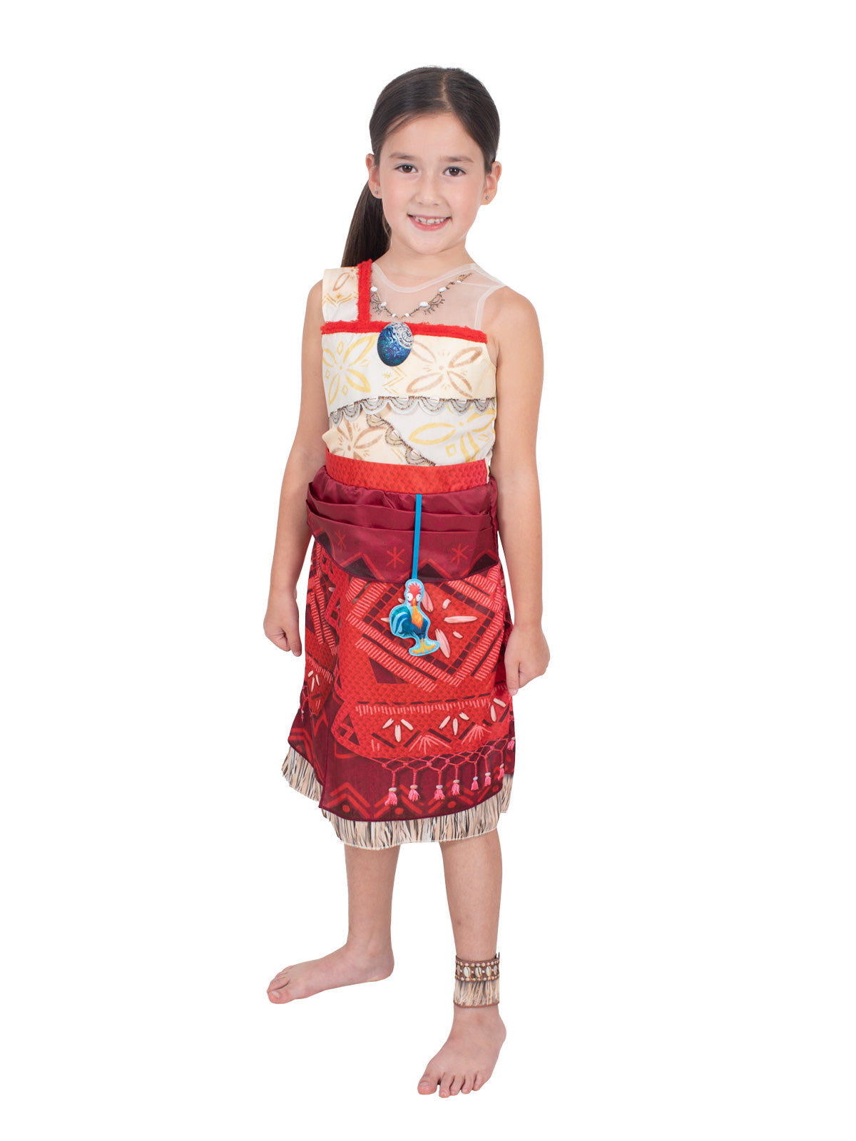 Side view of the Moana Deluxe dress with Heihei the chicken sewn on the skirt