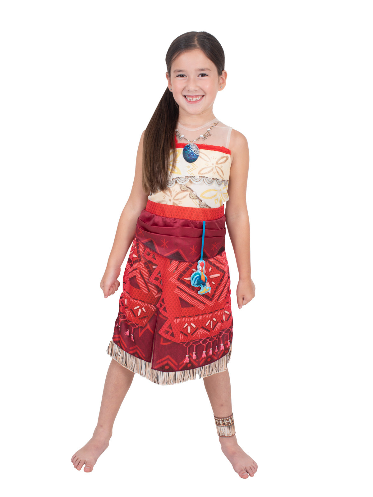 Girl standing in the Moana Deluxe dress with Polynesian print, side-slit red skirt and foam ankle cuff