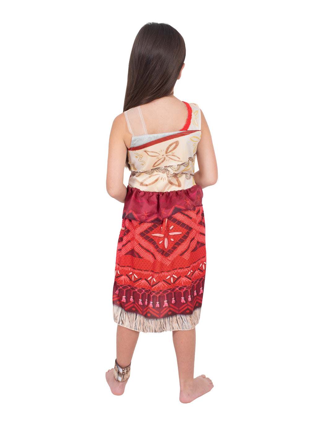 Back view of the Moana Deluxe dress with a cream top and double-layered red skirt