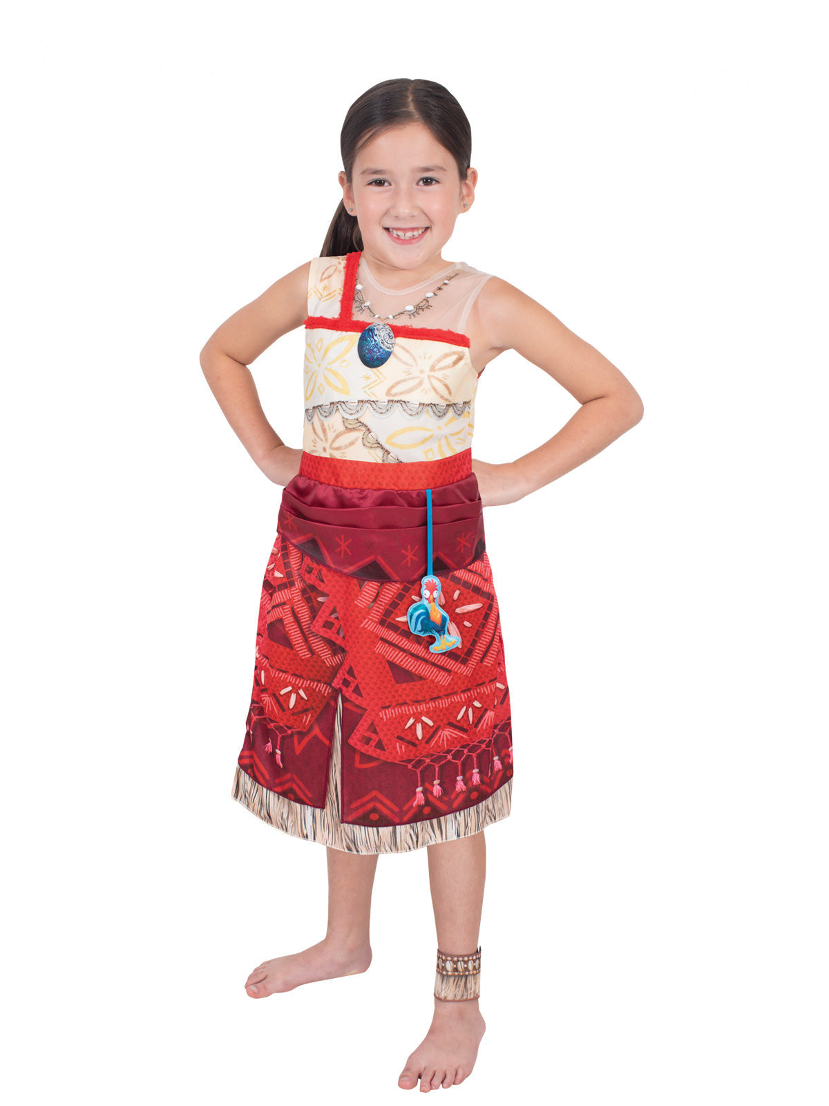 Girl in the Disney Moana Deluxe dress with a cream bodice, red layered skirt, ankle cuff and Heihei accessory