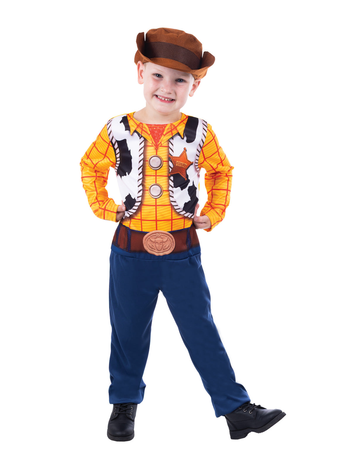 Boy posing in the Woody Toy Story jumpsuit with printed vest, belt, holster and brown felt hat