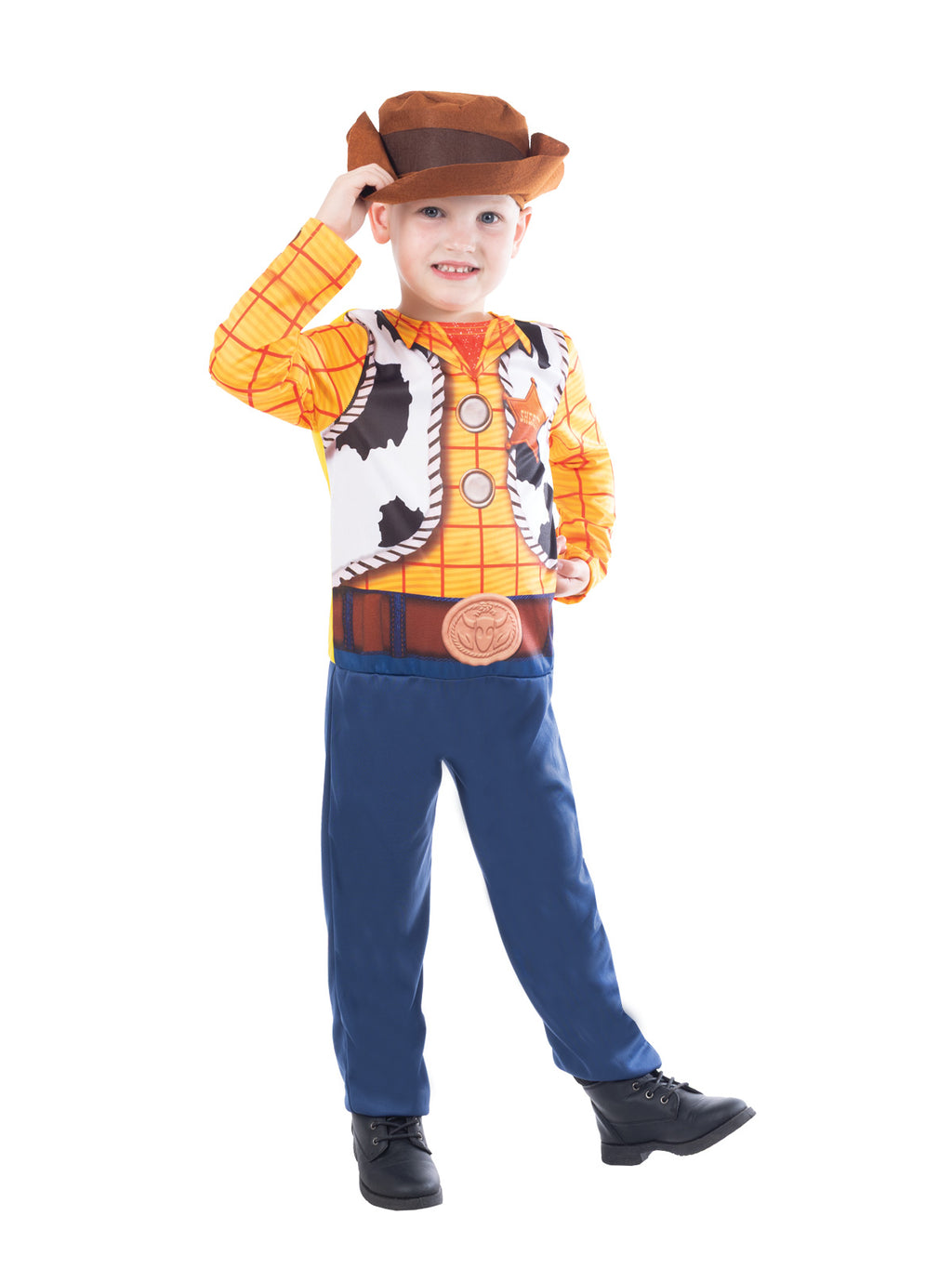 Front view of a boy in the Woody Toy Story costume with printed vest and holster belt