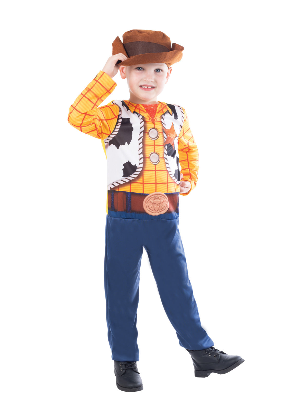 Front view of a boy in the Woody Toy Story costume with printed vest and holster belt