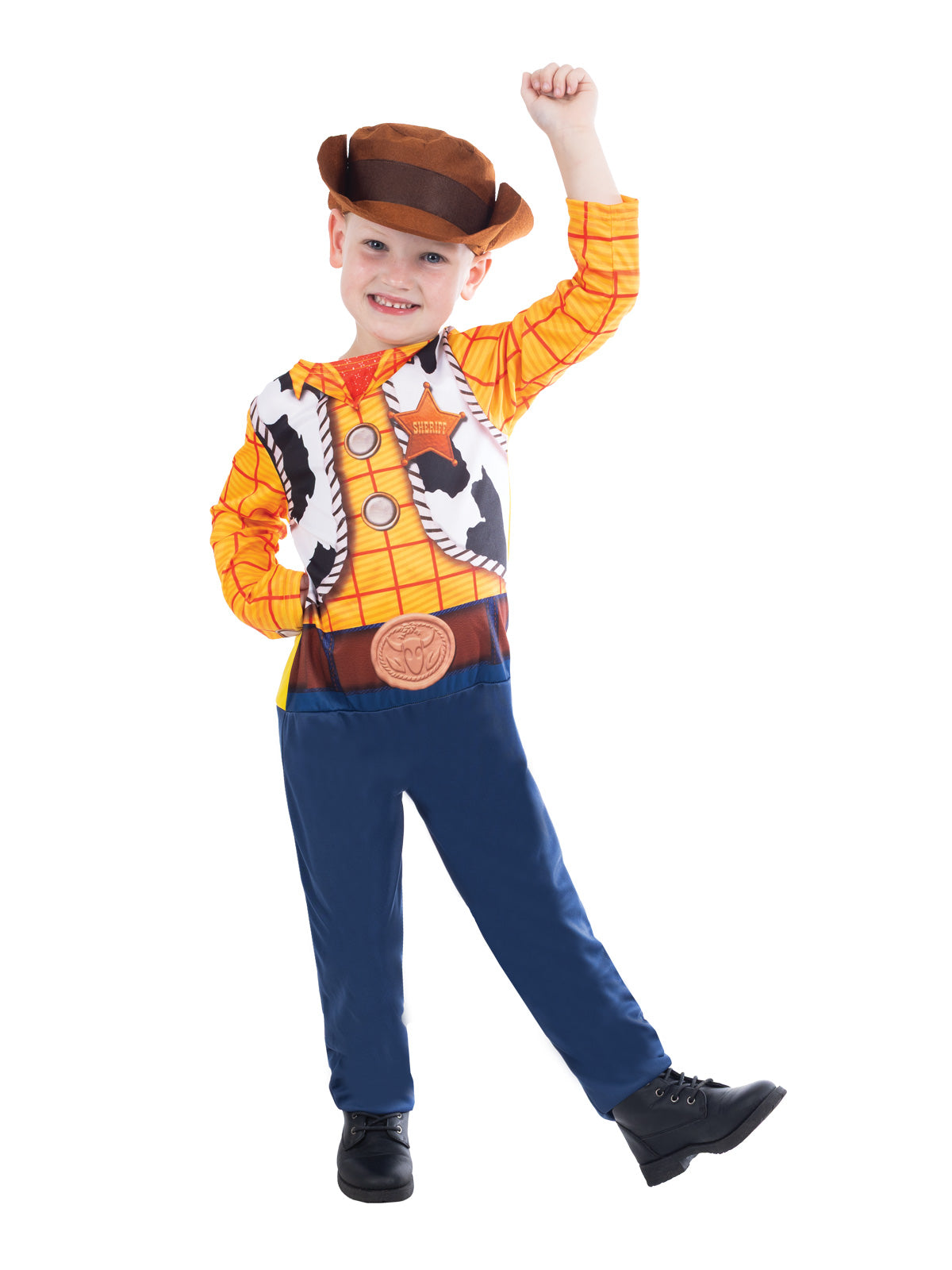 Boy waving in the Woody Toy Story costume with printed cowboy vest and felt hat