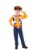 Boy in the Woody Toy Story costume with printed cowboy vest, badge and brown felt hat