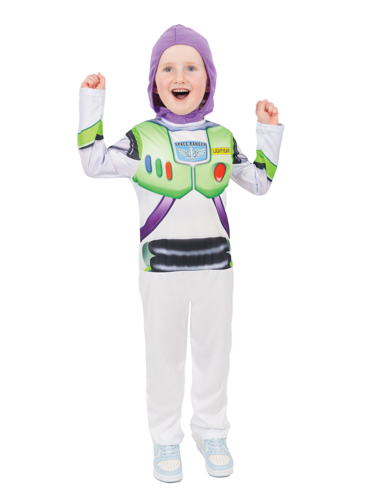Child posing in the Buzz Lightyear printed jumpsuit with chest panel and belt