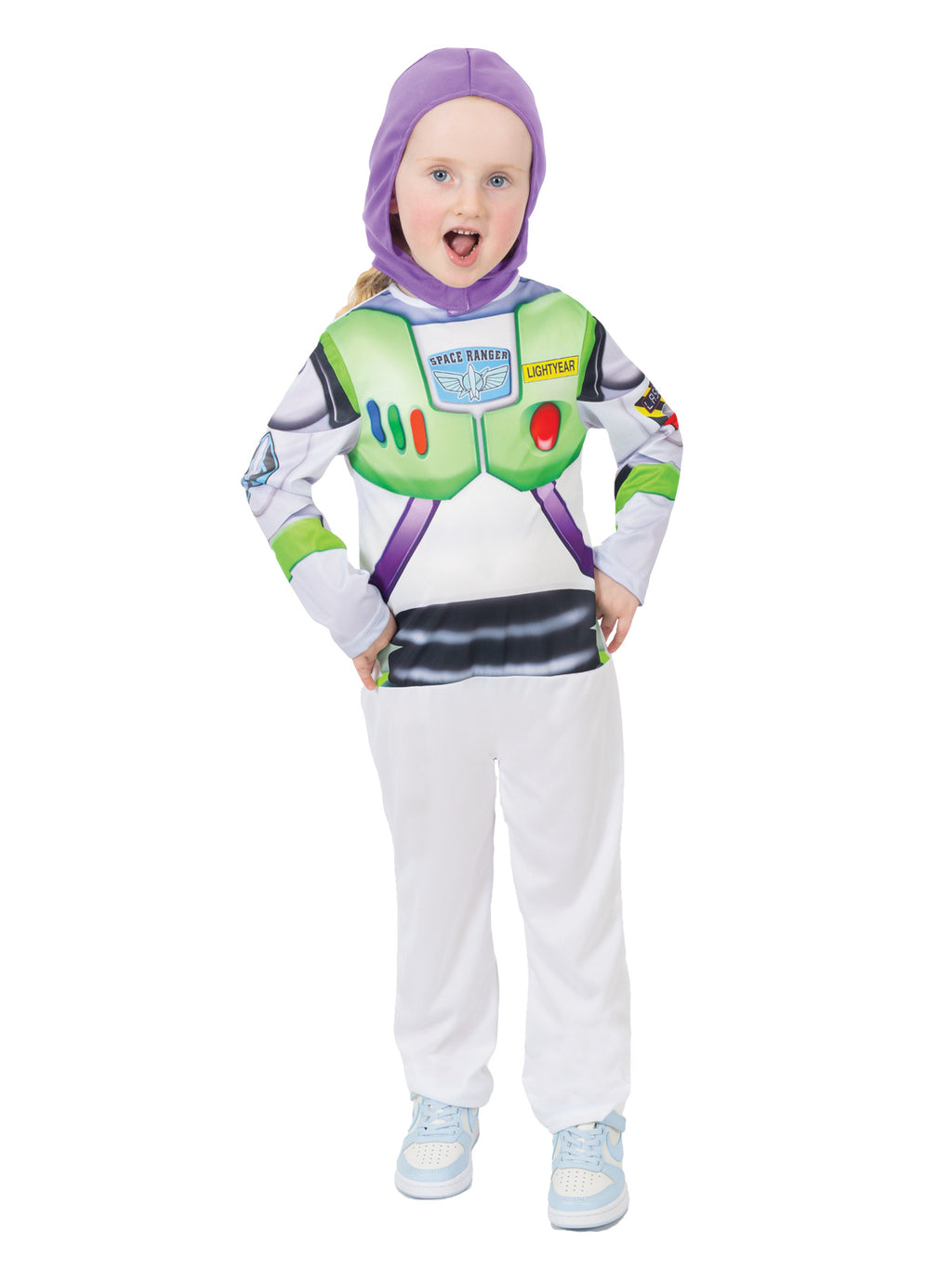 Child wearing the Buzz Lightyear Toy Story 5 jumpsuit and purple snood
