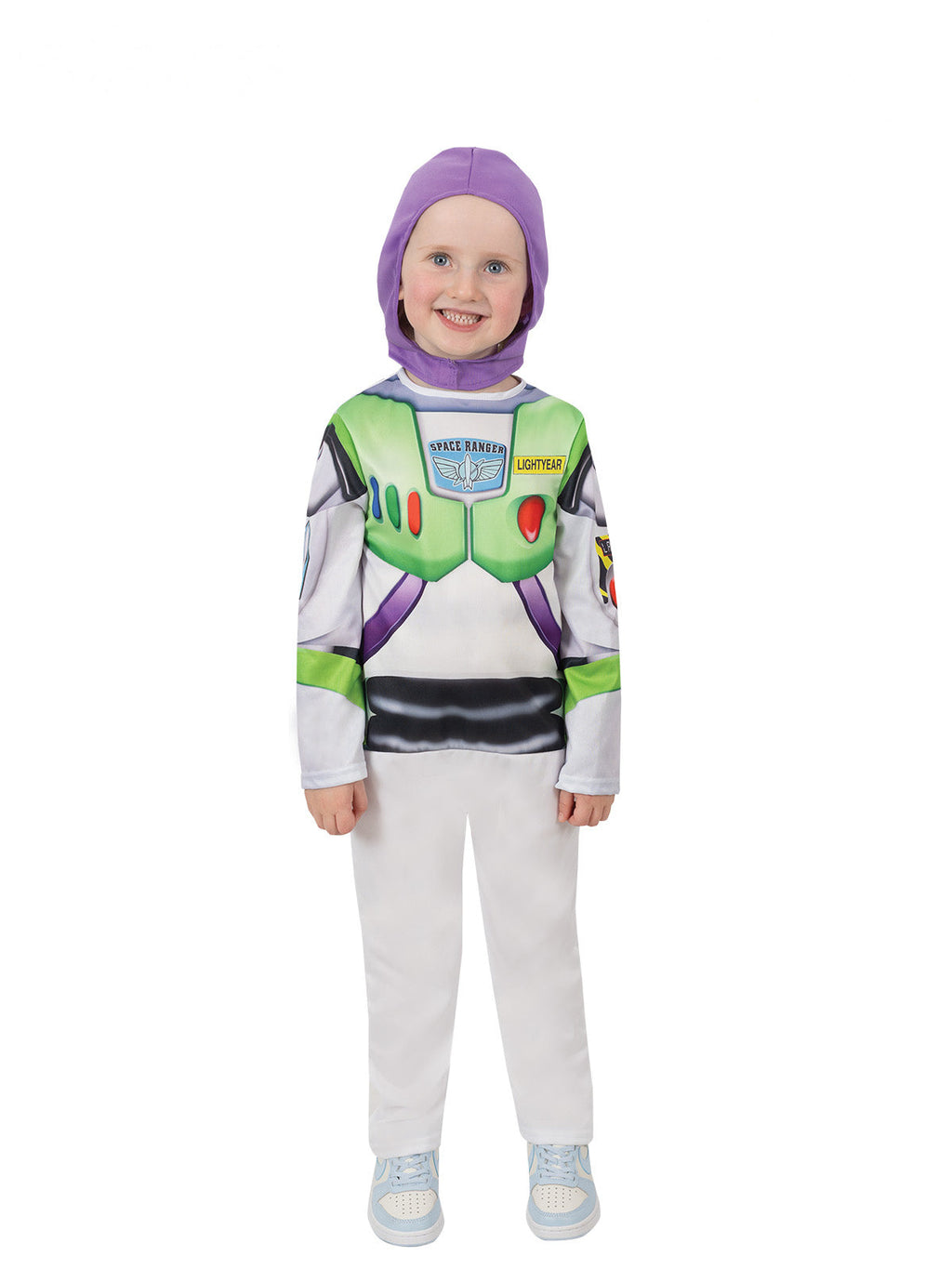 Child in a Buzz Lightyear Toy Story 5 printed space ranger jumpsuit with purple snood
