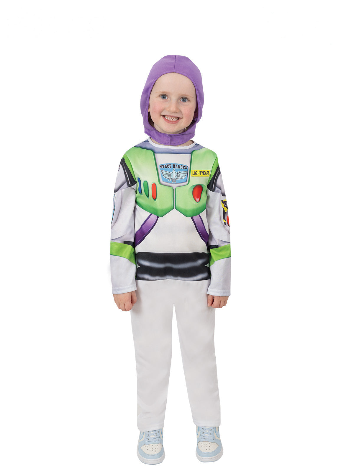 Child in a Buzz Lightyear Toy Story 5 printed space ranger jumpsuit with purple snood