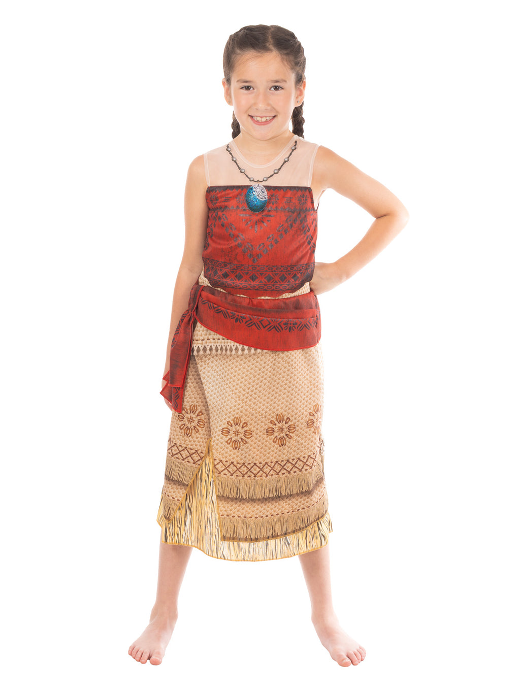 Girl in the Moana Deluxe Live Action dress showing the red waist sash and tan Polynesian-print skirt